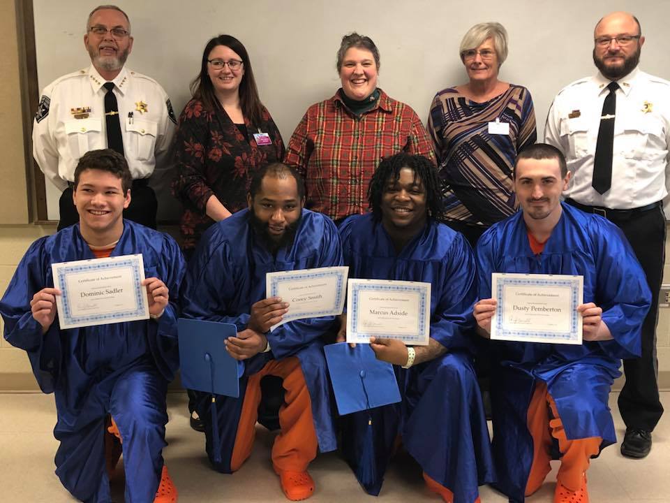 Front row Graduates: Dominic Sadler, Corey Smith, Marcus Adside and Dusty Pemberton
 Back Row: Sheriff Whitney, Erin Cornell, Lori Smith, Deb Kohl Underwood, Chris Ivers, Jail Administrator — with Erin Cornell and Deb Kohl Underwood at Allegany County Jail .
